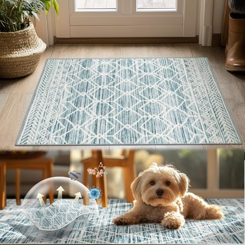 TOPICK Fußmatte Waschbar Boho Eingangsbereich Marokkanischer Niedrigfloriger Geometrischer Eingansmatte Fleckenabweisend, rutschfest Ultradünner für Küche Bauernhaus Badezimmer Tür 60x90(cm) Blau