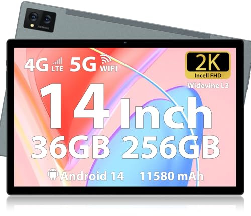 FLYCOAY Tablet 14 inch Android 14 Tablets, 256GB ROM(Expand to 2TB),36GB(12+24) RAM, Octa-Core 2.0GHz,11580mAh Battery, 2000 * 1200 FHD 4 Speakers, 4G LTE/5G WiFi, with Case,Pen,Earphone,Gray