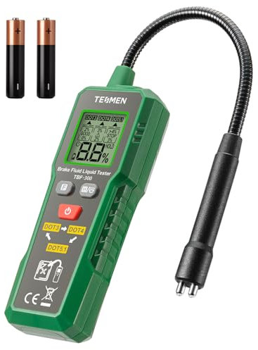 TESMEN TBF-300 Brake Fluid Tester with 8.5-Inch Corrosion Resistance Gooseneck Probe, Testing for DOT3, DOT4, DOT5.1, Brake fluid Tester Pen with light, Data Hold, Backlight Alarm for Auto Care-Green