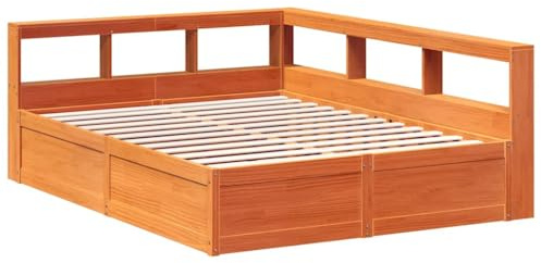 vidaXL Säng med bokhylla utan madrass vaxbrun 150x200cm massiv furu, säng, sovrumsmöbler, massivt trä säng, dubbelsäng, trä säng, säng med förvaring