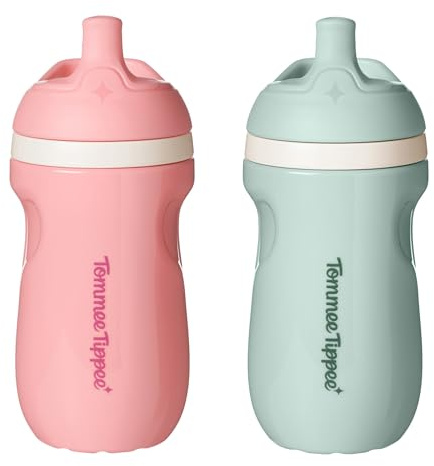 Tommee Tippee Insulated 9oz Sporty Spout Toddler Water Bottle, No Spill Sippy Cups for Toddlers 1-3, Two-Piece Valve Helps Stop Spills, BPA Free, Pink and Mint, Pack of 2 | Pack of 2, 9oz, No Spill Two-Piece Valve, Pink & Mint, BPA Free