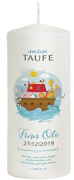 Liamoria® Patenkerze zur Taufe Junge mit Name und Datum Arche Noah in Blau 20 cm inkl. Taufspruch Lange Brenndauer in weißer Farbe - die perfekte Taufkerzen für Jungen