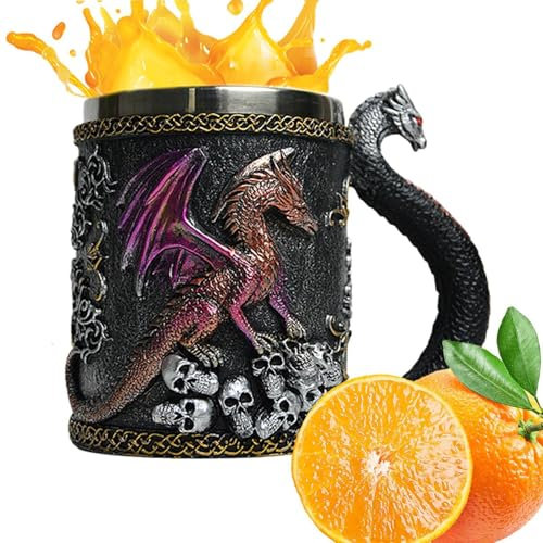 Lunaobrik Dragon Tag - Stainless Steel Coffee Mug, Medieval Stein Beer | 420ml Camping Mug, Themed | Fantasy Beverages Embossed for Home, Tavern, Cosplay Events, Festivals