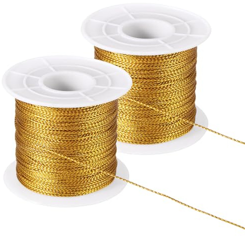 PATIKIL 656 Feet / 218 Yard Metallic Cord Tinsel Ornament String, 1mm Tag Cord Non Stretch Twine Thread for Gift Wrapping Craft Jewelry Making, Gold 2 Spool