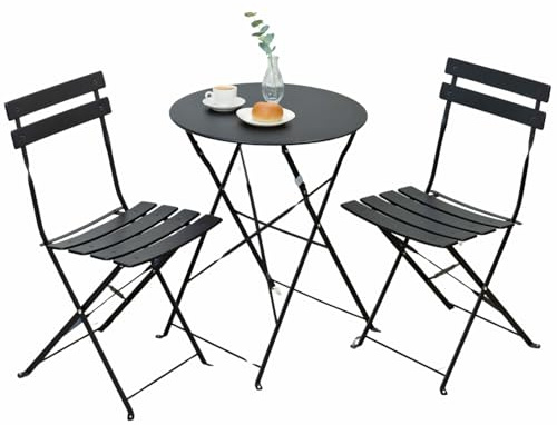 SAYA KIJI Indoor/Outdoor 3-teiliges klappbares Bistro-Set, klappbare Outdoor-Patio-Möbel, 2 Stühle und 1 Tisch, wetterfestes Outdoor/Indoor-Konversationsset für die Terrasse (Schwarz)