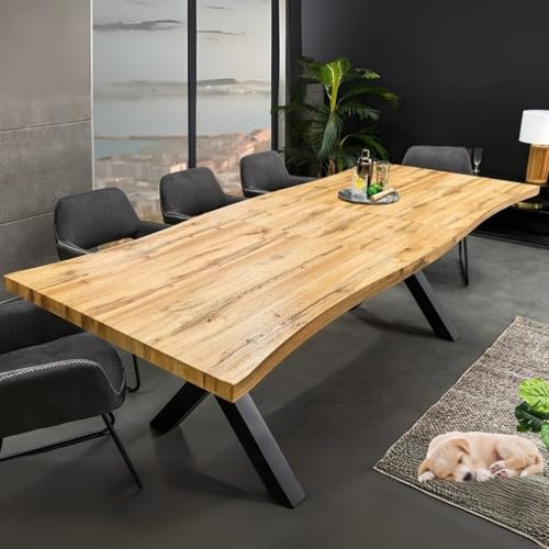 LEBENSwohnART Ausziehbarer Esstisch Oakland 160-200cm Wildeiche-Design Baumkante schwarzes X-Metallgestell