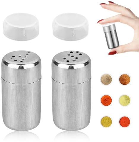 2 Stück Mini Salzstreuer für Unterwegs, Edelstahl Salz, 5ml Salzstreuer Klein mit Deckel, Gewürzflaschen Reise,Staubzuckerstreuer, Salz und Pfefferstreuer, für Restaurants Camping und Grill im Freien