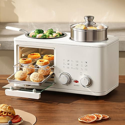 ASnwpaK Machine à Petit-DéJeuner Multifonction 4 en 1 1200W (8L), avec Four, PoêLe, Cuiseur Vapeur, Minuterie De 60 Minutes, Double Tube Chauffant en Forme De S, pour 2-3 Personnes,White