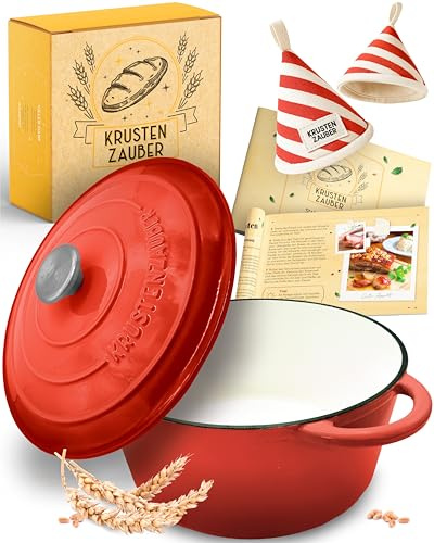 KRUSTENZAUBER Gusseisen Topf als Schmortopf mit Deckel - 26cm Emaille Topf als Gusseisen Bräter oder Brotbacktopf - Backofengeeigneter Dutch oven Cast Iron Pot als hochwertiger Kochtopf inkl. Rezepte