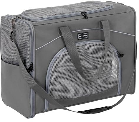 Petsfit Hundetasche Flugzeug 55x40x23 & Flugtasche Hund | Transportbox Katze | Transporttasche Hund Katzen | Sicherer Transport in Auto, Flugzeug und Bahn,mit 2 Platzierung-Methode, L//Grau