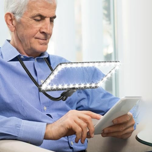 5X Rechargeable Magnifying Glass with Light: Hands Free Flexible Gooseneck Magnifying Glasses for Reading with 50 LED Beads Neck Wear Large Reading Magnifier for Repair Sewing Low Vision Seniors