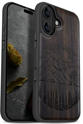 Carveit Holz Cover für iPhone 17, Dunklesholz-Alpensee | Handyhulle kompatibel MagSafe Massivholz für iPhone 17 Handyhülle Stoßstange Weich TPU Case