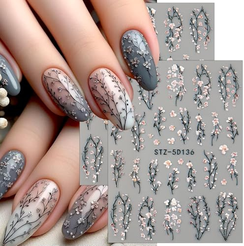 Unregelmäßige Linien Blumen Nagelsticker Selbstklebend 5D Geprägte Blume Nail Sticker Kirschblüten Nagel Sticker Relief Slider Pfirsichblüten Nagelaufkleber Nageldesign Nagel Zubehör Flower Nail Art