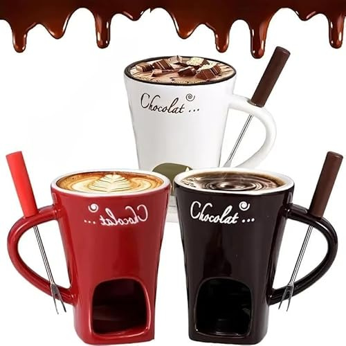 Chocolate Fondue Mug with Forks, Chocolate Melting Cup, Ceramic Butter Warmers Pot Set, Personal Cheese Melting Cup, Fondue Heated with a Tealight, Warmer Mug for Candy Snack Caramel Party (1 Sets)
