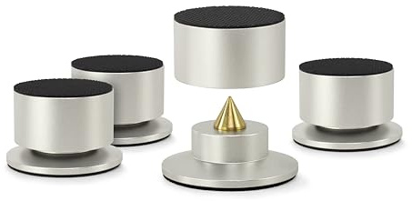 Dynavox BA-4 Highend Absorber 4er-Set, höhenverstellbare Lautsprecher Entkoppler mit Spikes aus Messing, Resonanzdämpfung für Boxen und HiFi-Geräte, Aluminium-Gehäuse, Silber