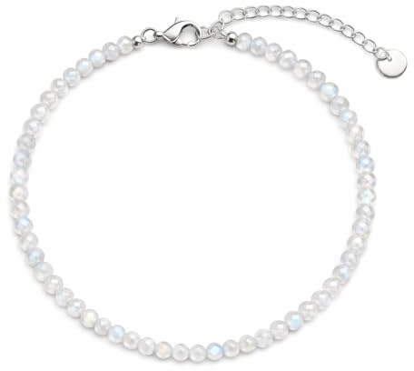 Kim Johanson® Damen Edelstahl Fußkettchen mit echten Natursteinen in Silber I Naturstein Fußkette mit 4mm Edelstein Perlen I Wasserfest | Boho Schmuck für Frauen | Verstellbar I Inkl. Schmuckbeutel