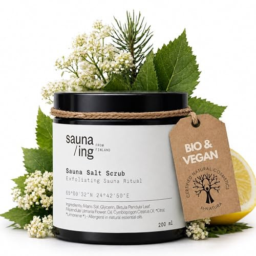bastu/ing bastusalt peeling tall och citrongräs 200 ml – havssalt kroppsskrubb för bastu och dusch – salttill-gel peeling, fuktgivande och utjämnande – vegan, tillverkad i Finland