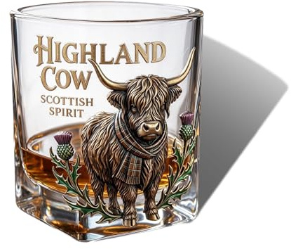 Highland Cow Whiskey Glass, Heavy Base Scotland Themed Beer Pint Glass, Pub Style Beer Glasses, Premium Crystal Highland Cow Glasses for Whisky Beer Lovers