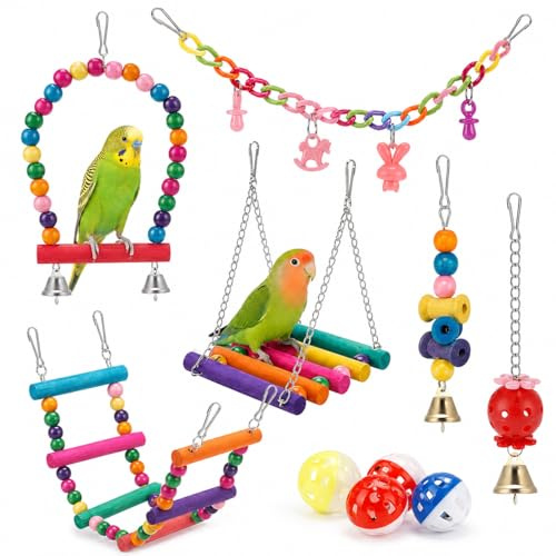 Lot de 11 Jouets pour Oiseaux avec balançoire, échelle et hamac | Perchoirs, clochettes et accessoires à mâcher colorés pour perruches, calopsittes, conures et inséparables