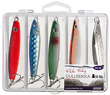 MARINOR GULLREKKA 5-teiliges Pilker-Sortiment, fünf Verschiedene Modelle mit Gewichten von 30-40g, inkl. Pilker-Aufbewahrungsbox