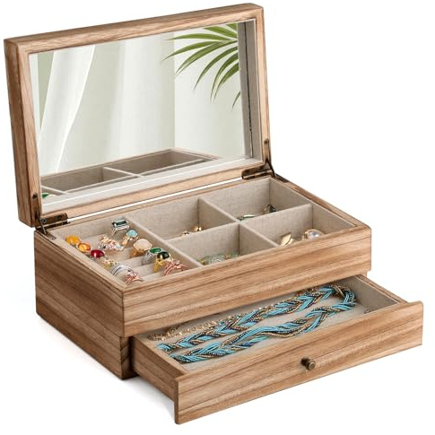 Meangood Jewelry Box Organizer for Women, 2 Layer Large Jewelry Storage Case, Rustic Wooden Jewelry Box with Mirror & Ring Tray for Necklace Earring Bracelets Rings, Vintage Style (Torched Wood)