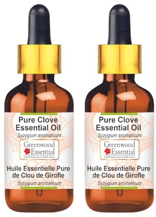 Greenwood Essential Huile essentielle de clou de girofle naturelle (Syzygium aromaticum) avec compte-gouttes en verre, distillée à la vapeur, 100 ml x 2 (6,76 oz)