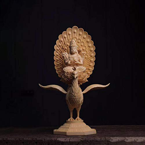 LISAQ 38cm Mahamayuri Figur Zypresse Holz Buddha Statue Pfau Maha-Mayuri-Vidya-Rajni Buddha Skulptur Wohnkultur