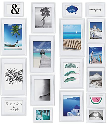 bomoe Bilderrahmen Set 18er Paradise – 6x 10x15 cm, 4x 13x18 cm, 4x 18x24 cm, 4x 20x30 cm Fotowand Fotorahmen Collage Bilderrahmen mit Passepartout - Bilder Wand Kunststoff & Kunststoffglas Weiß