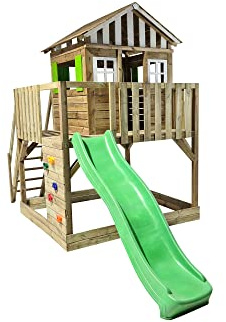| MASGAMES | Parc pour enfants Lollipop | Maison surélevée avec toboggan | Échelle facile d'accès | Mur d'escalade | Bois traité pour extérieur | (L)