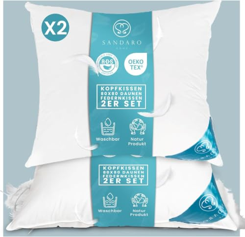 Sandaro Home Kissen 80x80 Daunen 2er- Set mit 3-Kammer-Füllung, Ultra-Komfort-Kombination, 100% Baumwollbezug - leicht zu waschen (1400)