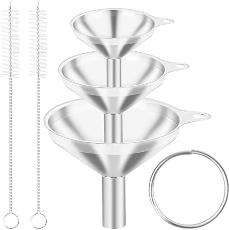 3 Pezzi di Imbuti in Acciaio Inossidabile e 2 Spazzole per la Pulizia con Manico Lungo, Imbuto per Boccetta da Cucina Piccolo Mini Imbuto per Trasferimento di Liquidi e Polvere, 4,5/5/7,2 cm