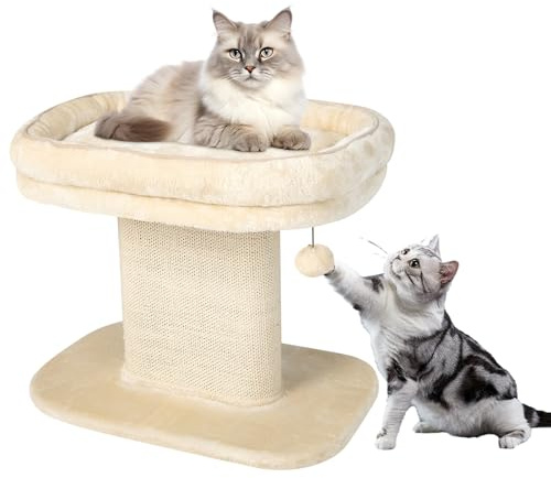 GYMAX Kratzbaum 50 cm hoch, Kletterbaum mit weicher Plüschsitzfläche, Katzenbaum mit Sisal-Kratzsäule & Ball, Katzenkratzbaum aus Holz, Aktivitätsbaum, kleine Katzenmöbel, Spielbaum (Beige)