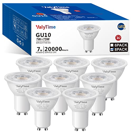 Valytime Dimmable GU10 LED Bulbs 7W(50W -60W-75W Equivalent) GU10 Light Bulbs Gu10 Shape Halogen Replacement Bulb 38°120V 650Lm for Track Spot Lighting Indoor Recessed,Natural White 4000K,8 Pack