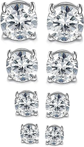 Diamday 4 Pares Pendientes Magnéticos de Acero Inoxidable para Hombres y Mujeres - No Piercing, Clip, Perno, CZ Incrustaciones, Hipoalergénico, Redondo, Falsos - 4-7mm
