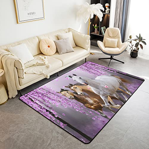 Loussiesd Pferd Teppich 100x150cm Galoppierende Matte für Wohnzimmer Schlafzimmer - Kirschblüten Dekor rutschfeste Bereich Runner