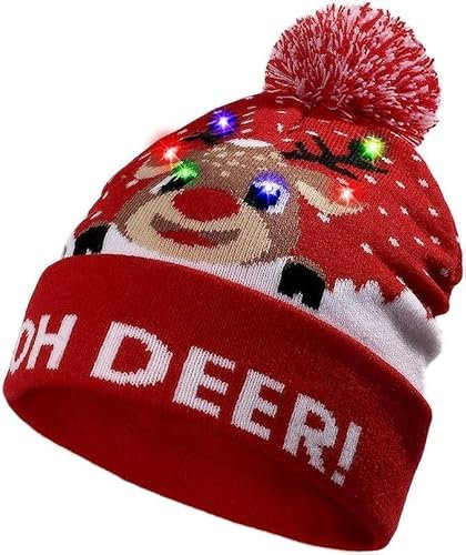 GETWHT Beleuchten Sie gestrickte LED Pom Beanie Hut Hässliche Pullover Urlaub Weihnachtshut Lustige Flash Winter Santa Cap