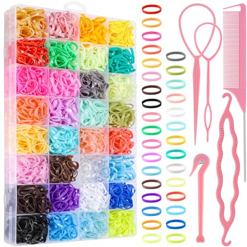 2000 Stück Kleine Haargummis Set, Haargummis mit 5 Flechthilfe Haare Bunte Gummibänder Nahtlose Haarbänder für Junge Mädchen Weihnachtsgeschenke (32 Farben)