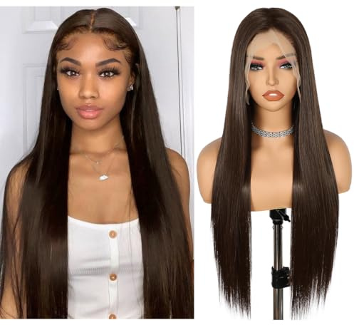 Sapphirewigs Braune Lange gerade Perücke 13x6 Lace Front Perücke Damen Gerade synthetische Haare 150% Dichte Party täglich tragen Weihnachten 26 Zoll