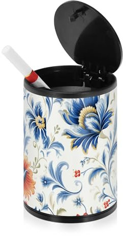 Rote blaue Blumen Vintage Rustikaler Aschenbecher für Zigaretten für Männer mit Deckel Edelstahl Tragbares Autozubehör Zigarettenstummel Behälter Outdoor zum Angeln Küche Büro