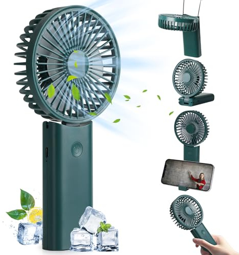 Hianjoo Portable Handheld Fan, 5 in 1 Mini Handheld Fan 4000mAh, 90° Rechargeable Folding Desk Fan, Neck Fan, 3 Adjustable Speeds with Phone Holder Base, Personal Fan for Indoor, Outdoor (Dark Green)