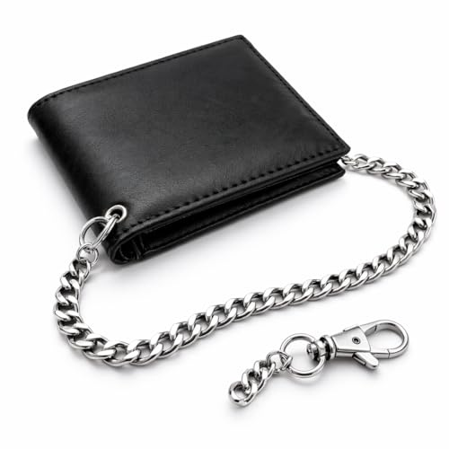 AR BRAND EST. 2021 Mens RFID Blocking Genuine Leather Wallet with Safety Chain in Black or Brown (Black)