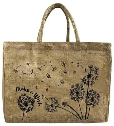 Domelo Einkaufskörbe. Bedruckte Einkaufstasche. Jute Tasche groß. Korbtasche, wasserabweisenden Strandtasche. Jutetaschen Shopper als Shopping bag. Tragetasche (Löwenzahn)