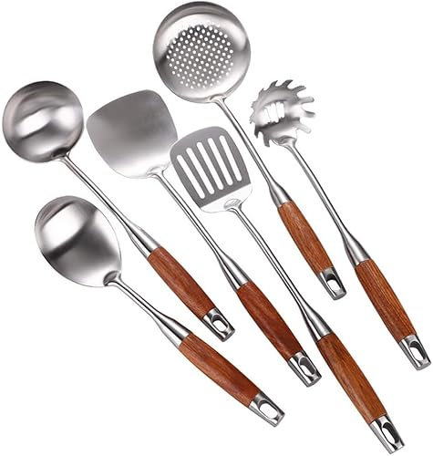 RPixc Lot de 6 ustensiles de cuisine en acier inoxydable - Résistant à la chaleur - Poignée en bois Huali - Avec écumoire, cuillère à spaghetti, cuillère à soupe et spatule large