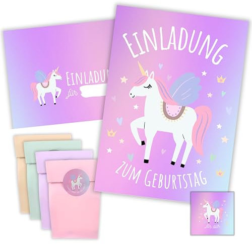 LILEJO - 10 x Einladungskarten Kindergeburtstag Mädchen - mit Geschenktüten, Einladungskarten, Umschlägen und Stickern für den Geburtstag (Einhorn)