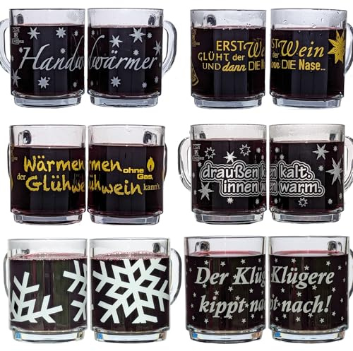 Glasveredlung Schmitz Glühweinbecher Glühweintasse 27 cl, schwere Ausführung 320 g, stapelbar, gehärtet, Füllstrich 0,2 l, Dekore 6-fach sortiert, 12 Stück