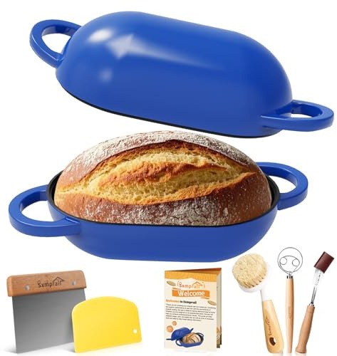 Mini cocotte ovale en fonte émaillée avec doublure en silicone antiadhésive, 2 litres, bleu, mini cocotte ovale à levain maison avec couvercle, moule à pain artisanal pour pain fait maison,