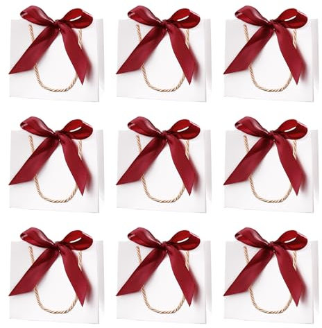 10 Stück kleine Weiß Geschenktüten mit Schleifen und Henkel, 14× 6× 12 cm Weiß Partytüten kleine Geschenktasche Mini-Party-Gunsttüten für Geburtstag, Hochzeit(Weinrot Schleifen)