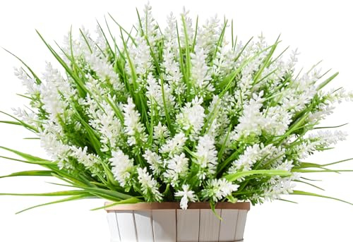 Kinisty Kunstblumen wie Echt Lavendel Outdoor Wetterfest, 12 Bündel, Weiß | Plastikblumen Frühlingsdeko für Draußen Balkon, Balkonkasten, Garten.