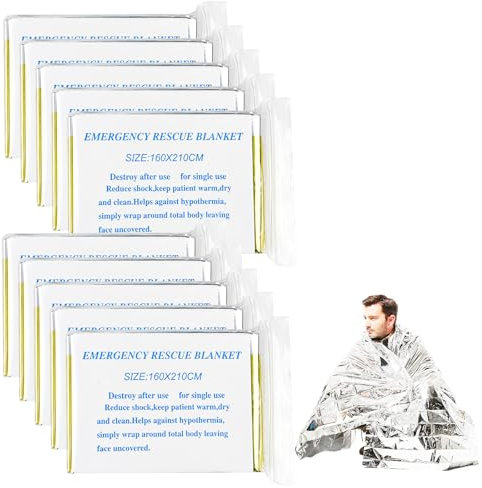 Traxenta 10 Pezzi Coperta Termica Emergenza, Montagna Escursioni Telo Termico, Rescue Blanket Telo di Sopravvivenza per Salvataggio Protegge da Freddo, Pioggia, Calore e Vento, All'aperto 160x210cm