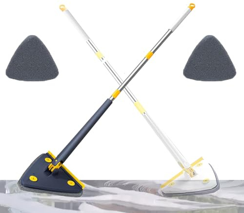 Hooha Balai serpillère triangulaire rotatif avec manche télescopique rotatif à 360° et réglable, raclette et fonction essorage, idéale pour le nettoyage des pièces basses (balai bleu + 2 serpillières)